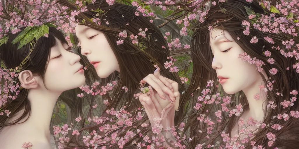 Image similar to breathtaking detailed concept art painting of the kissing goddesses of cherry blossom flowers, orthodox saint, with anxious, piercing eyes, ornate background, amalgamation of leaves and flowers, by Hsiao-Ron Cheng, James jean, Miho Hirano, Hayao Miyazaki, extremely moody lighting, 8K