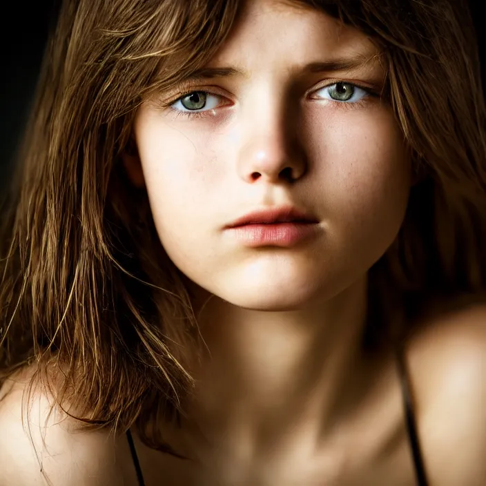 Prompt: photographic Close-up face of a extremely beautiful girl and light brown hair , high light on the left, Sharp focus, cinematic lighting ,non-illuminated backdrop, illuminated by a dramatic light, volumetric light, Low key lighting, light dark, High constrast, dramatic , Steve Mccurry, Norman Rockwell, Craig Mulins ,dark background, high quality, photo-realistic, 8K