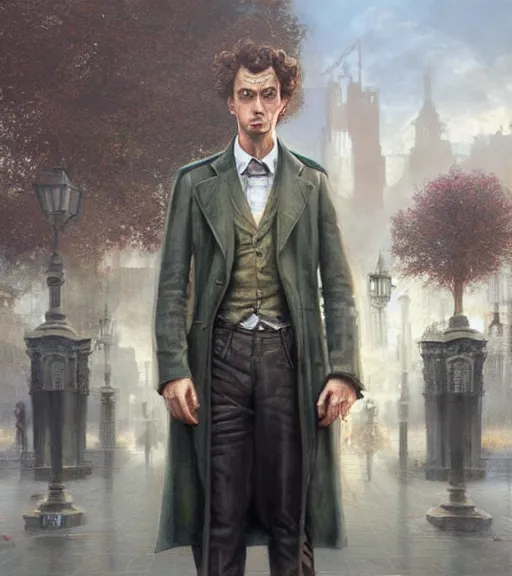 Prompt: techno sherlock holmes standing in a city square, soft colours, detailed, digital art, hd, by tom bagshaw, by fintan magee, by raymond swanland