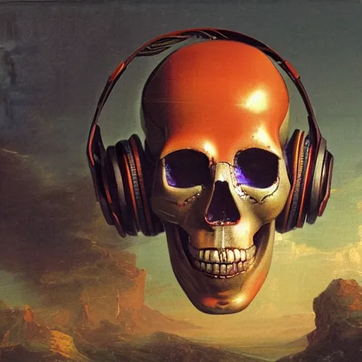 Prompt: a painting by Thomas Cole of a vaporwave robot skull wearing headphones highly detailed chromatic 3d rendering from 1996