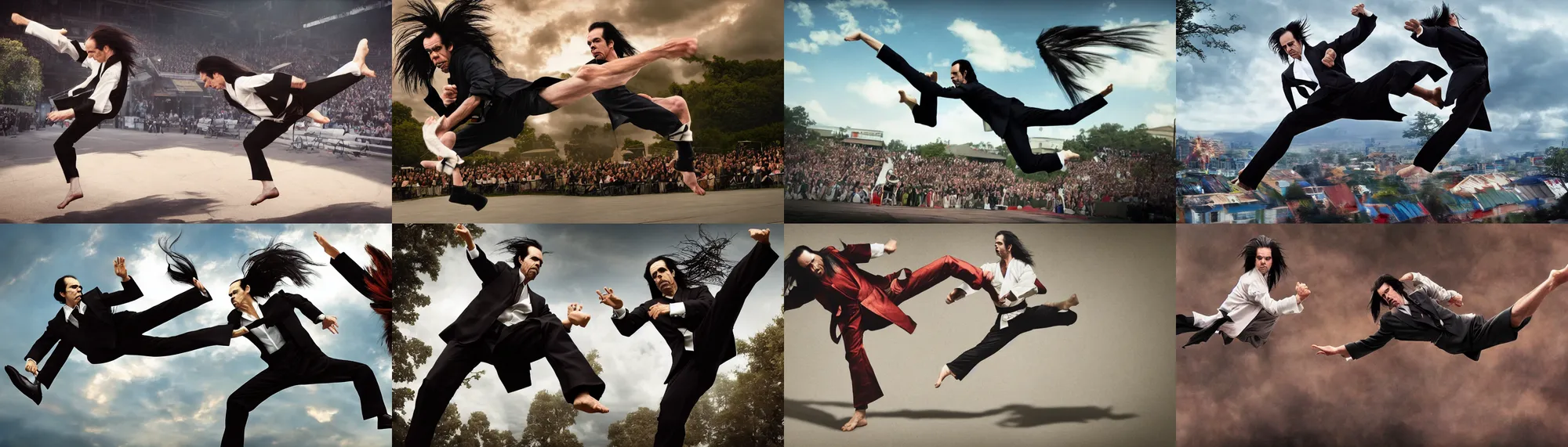 Prompt: Nick Cave doing a flying karate kick through the air, action photography, 4k photorealistic, extremely detailed, award-winning,