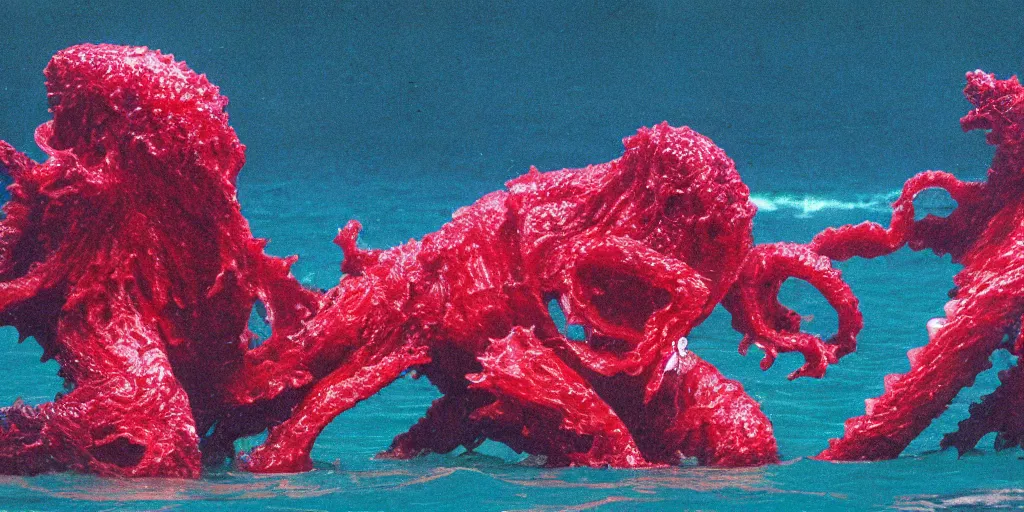 Image similar to fleshy Cthulhu jelly wrestling fleshy Godzilla, lurid colors, daylight, photo real, 1992, Eastman EXR 50D 5245/7245, close-up action first-person perspective, cinematic, wet, slimy