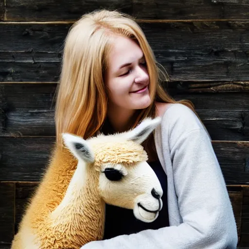Prompt: “Young woman with long blonde hair cuddling an alpaca plushie, photography, hyperrealistic”