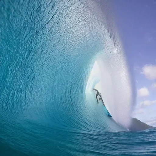 Image similar to a tunnel wave at teahupo'o with a very old woman dropping in an an ironing board