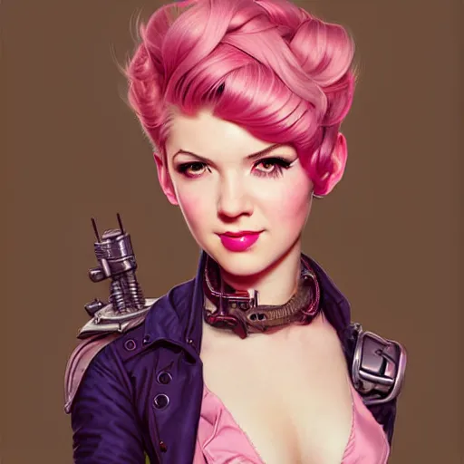 Image similar to head and shoulders portrait of VI of League of Legends, pink short hair, sidecut hairstyle, steampunk acessoires, illustration, medium shot, intricate, elegant, highly detailed, digital art, sharp lines, ffffound, art by gil elvgren and sachin teng