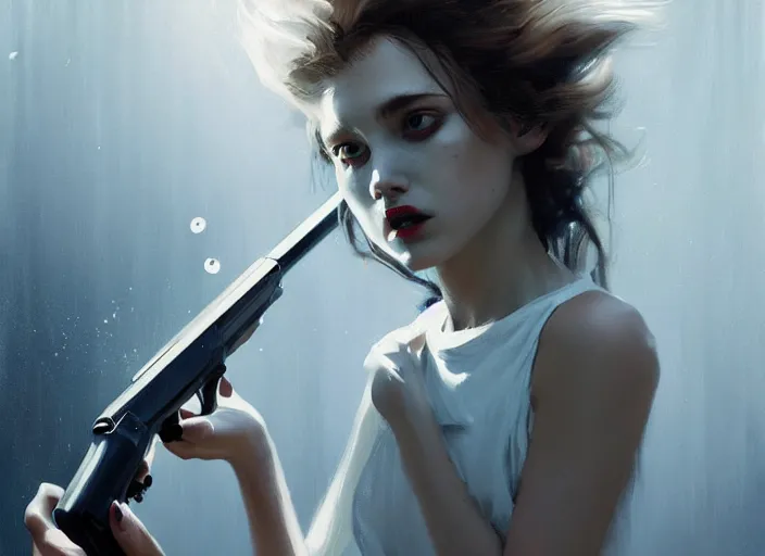 Image similar to white dress girl chasing from crazy grim reaper, holding a gun, messy hair, messy lines, scared face, beautiful and aesthetic and attractive, dramatic situation, specular reflection, occlusion shadow, intricate, bokeh, by ilya kuvshinov and jeremy lipking and quentin mabille