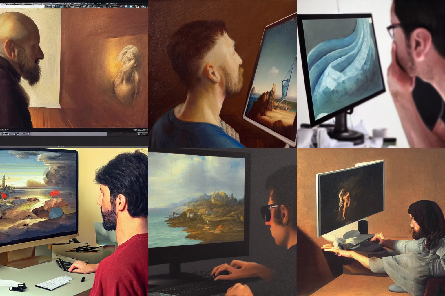 Prompt: a 3d artist desperate looking at the computer screen, oil on canvas, renaissance