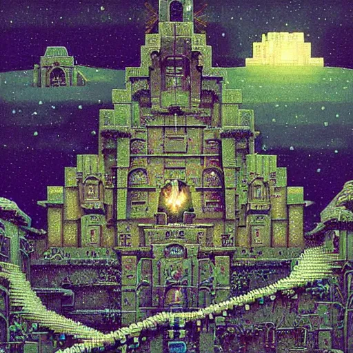 Prompt: a divine symmetrical ancient monastery snowy dystopia in Los Angeles, by High Druid and Jeff Soto and Chris Ryniak with influence from Beksiński, iridescent energy powerup sprites litter the realm, looks like 8-bit or 16-bit pixel art, shimmering prismatic glass voxel mc escher staircases galore | video game box artwork of the level designs, commodore 64 style, surrealist integration of perception between elements in the composition, artstation strategy guide | exclusive subconscious access to the DMT waiting room before takeoff, waiting at the heavenly golden gates with pearlescent tears flowing from floating eyeballs above, trending on artstation but beeple did it; artstation