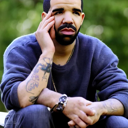 Image similar to drake in 2 0 1 0 sitting alone, with a wistful expression on his face and a tear rolling down his cheek