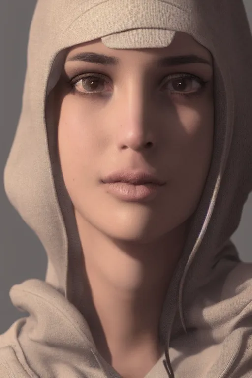 Image similar to shy, short brown hair arab spanish young woman, beige hoodie, cinematic lighting, hyper-detailed, cgsociety, trending on artstation, high resolution, 8k, high resolution in the style of Elena Masci, by John Samuel Agar