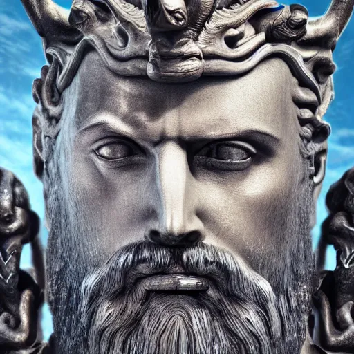 Prompt: detailed close up portrait Poseidon, the god of the sea, with trident and crown, matte painting, photorealistic, dark colors