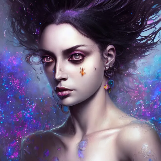 Prompt: detailed portrait of beautiful dark witch made of iridescent smoke, dark fantasy, sharp focus, vibrant, vivid, magical shiny skin, symmetry, highly detailed, 4 k digital painting, detailed skin, iridescence reflecting, crystal particles, magical, raytracing, plasma, artistic, concept art by artgerm, greg rutkowski, alphonse mucha, unreal engine render,