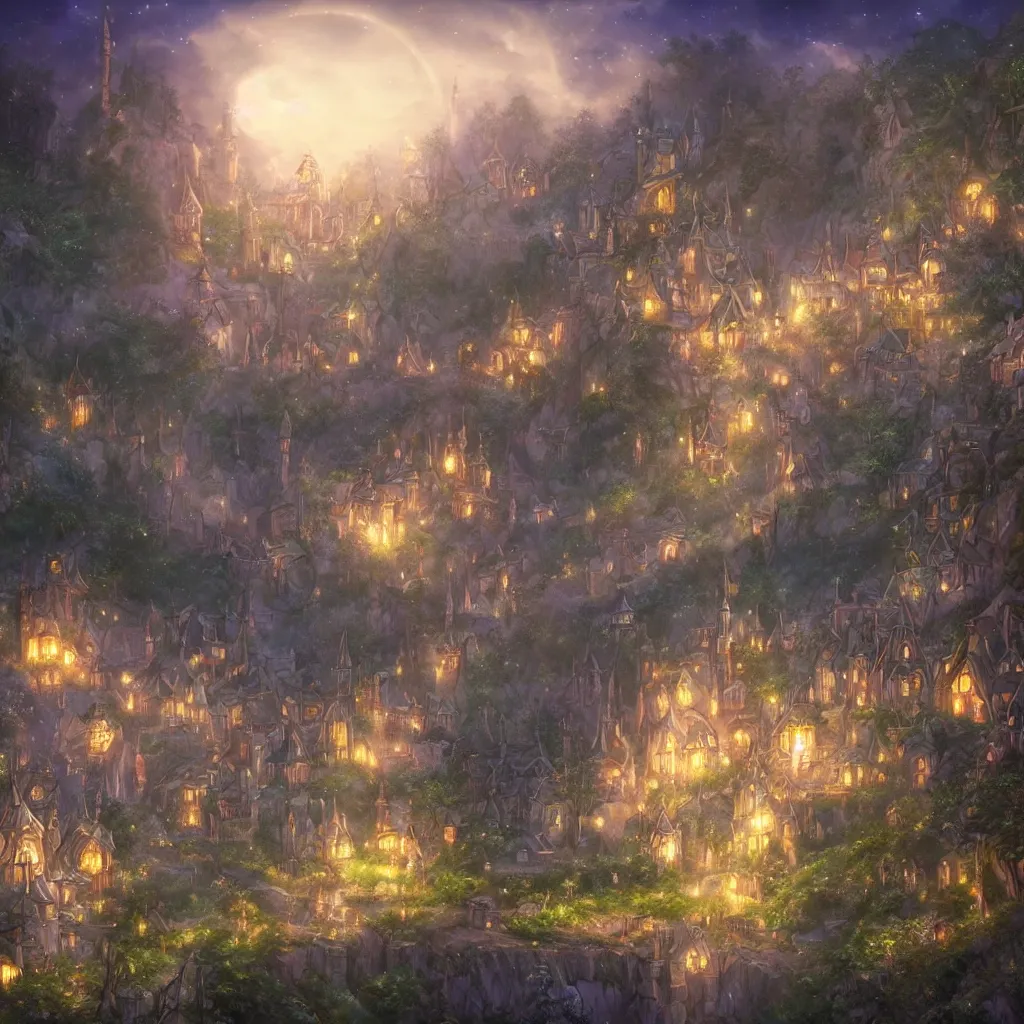 Image similar to kingdom of elves, outside of time and space, dreamy, romantic, night lighting, gorgeous lighting, dramatic cinematic lighting, intricate, highly detailed, in the style of studio ghibli, 8 k