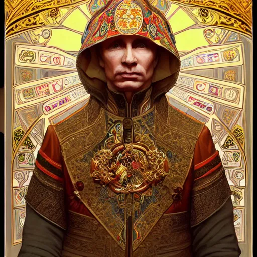 Image similar to a portrait of putin, upper half portrait, decorated with russian motifs, traditional russia, intricate, elegant, highly detailed, symmetry, headpiece, digital painting, artstation concept art smooth sharp focus, illustration, art by artgerm and greg rutkowski alphonse mucha 8 k