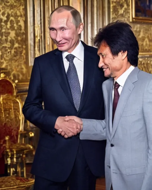 Prompt: sixty years old viktor tsoi with joyful look in a business suit shaking hands with vladimir putin in kremlin, moscow, color photo, mid shot photo, official photo, digital photo, 4 k