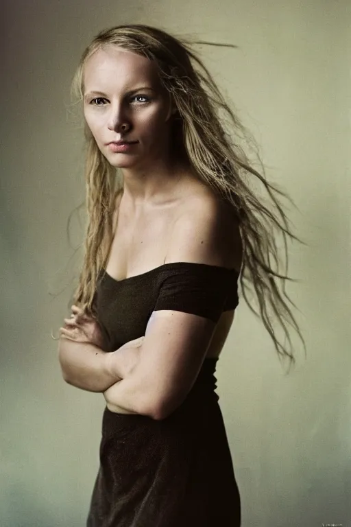 Image similar to a young nordic lady, photo portrait by Annie Leibovitz,