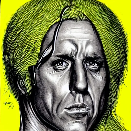 Prompt: ric flair, portrait, flowing python hair, by dan hillier, drawing