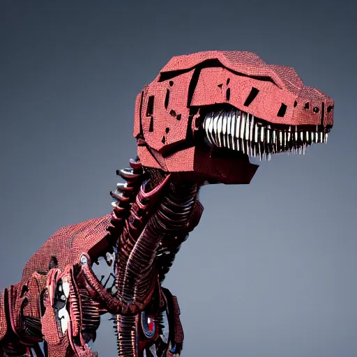 Image similar to still of a cyborg T-Rex, red eyes, robotic extended arms, 4k, film grain, 85mm