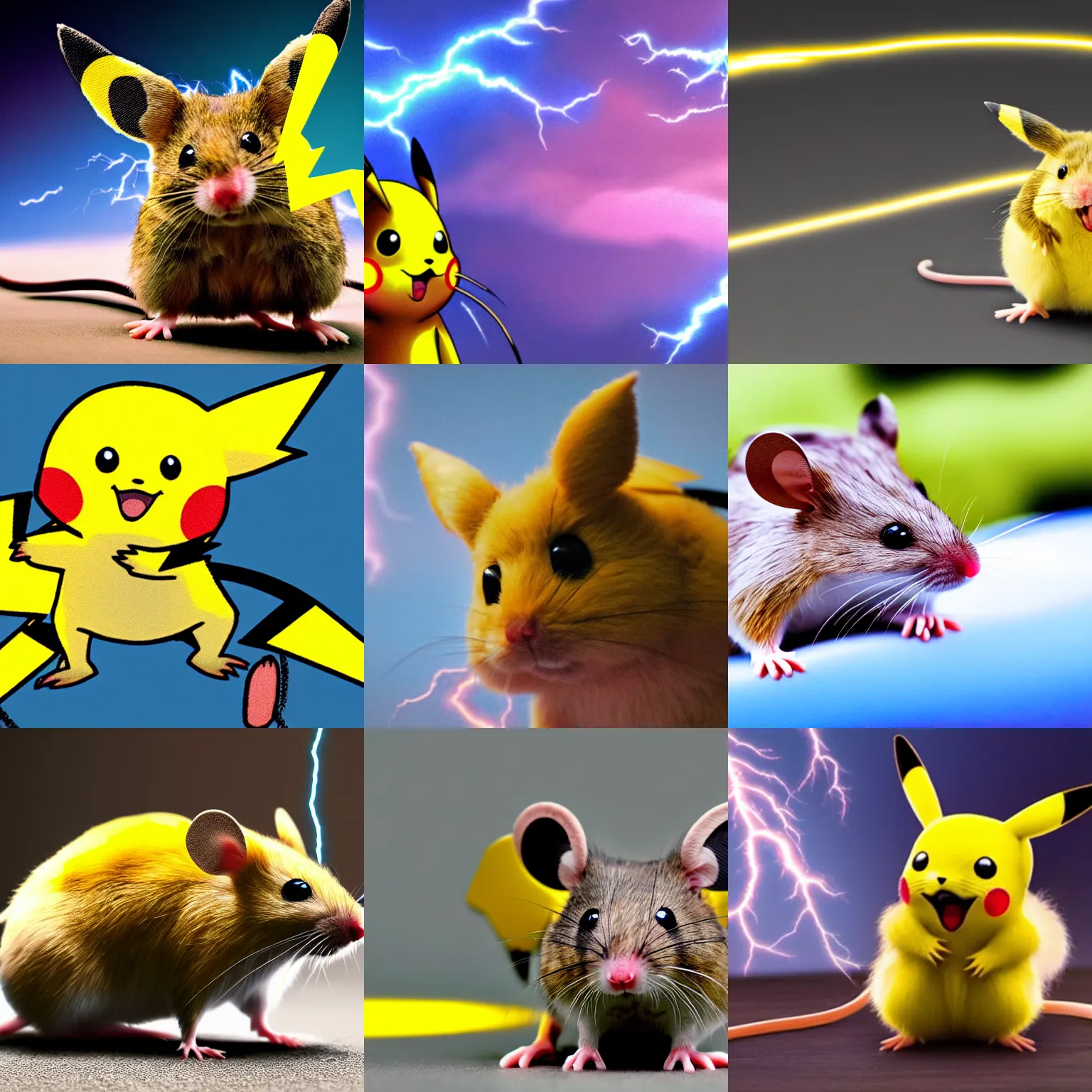 Prompt: a photo of a mouse with pikachu - colored fur and lightning bolts coming out of its cheeks