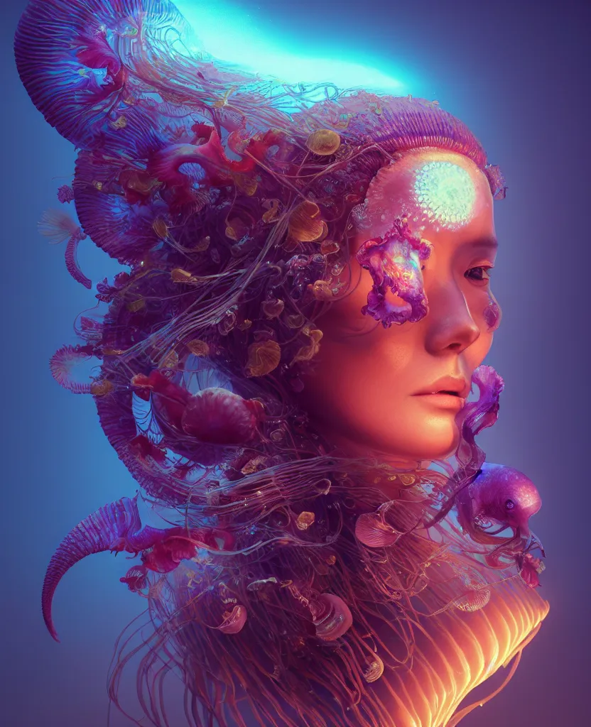 Image similar to goddess close-up portrait. jellyfish phoenix head, nautilus, orchid, skull, betta fish, bioluminiscent creatures, intricate artwork by Tooth Wu and wlop and beeple. octane render, trending on artstation, greg rutkowski very coherent symmetrical artwork. cinematic, hyper realism, high detail, octane render, 8k