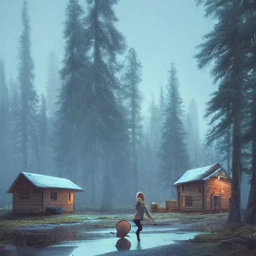 Image similar to woman leaving her wooden broken house by simon stålenhag, very highly detailed, award winning, rendered by Beeple, by Makoto Shinkai, syd meade, starwars, space art concept, digital art, unreal engine, blender, WLOP, trending on artstation, 4K UHD image, octane render