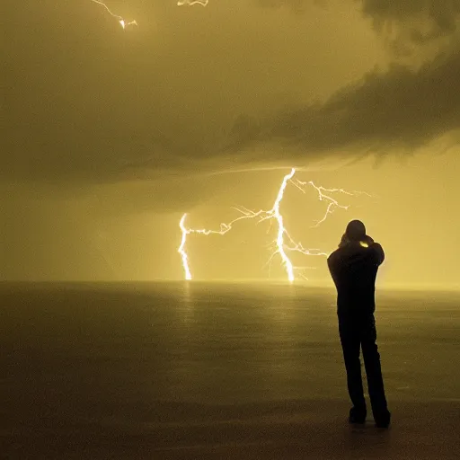 Image similar to in a dark room a man is struck by lightning