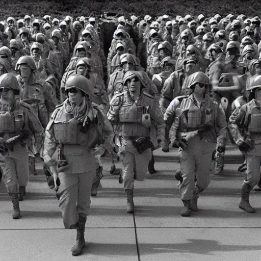 Prompt: 70s movie still of Donald Trump leading military troops, by Irving Penn , Cinestill 800t 35mm black and white, heavy grainy picture, very detailed, high quality, 4k, HD criterion, precise texture