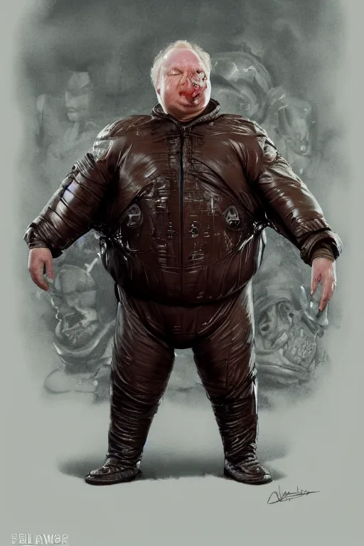 Image similar to upper body portrait of stellan skarsgård as evil, dark baron harkonnen, covered in oil, wearing old leather spacesuit, dystopian science fiction, illustration by norman rockwell, artstation character art, john william waterhouse, concept art, greg rutkowski