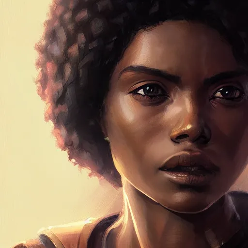 Image similar to portrait of a woman by greg rutkowski, young jedi knight, black, afro hair, pretty, star wars expanded universe, she is about 2 0 years old, wearing jedi robes, highly detailed portrait, digital painting, artstation, concept art, smooth, sharp foccus ilustration, artstation hq