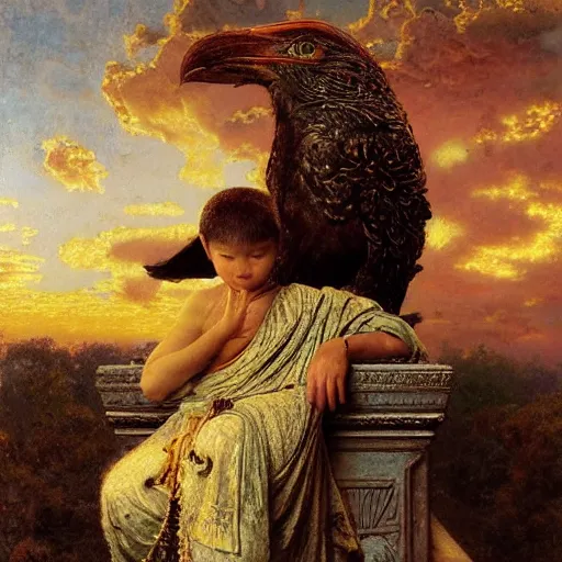 Image similar to highly detailed potrait of cunning buddhist monk kid worshipping giant crow as god praying in baroque style, painting by gaston bussiere, craig mullins, j. c. leyendecker, lights, art by ernst haeckel, john william godward, hammershøi,