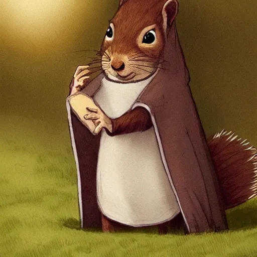 Image similar to Anthropomorphic squirrel in Cloak by rossdraws,greg rutkowski,and Sarah Andersen,ambient style, very detailed,detailed armor,detailed