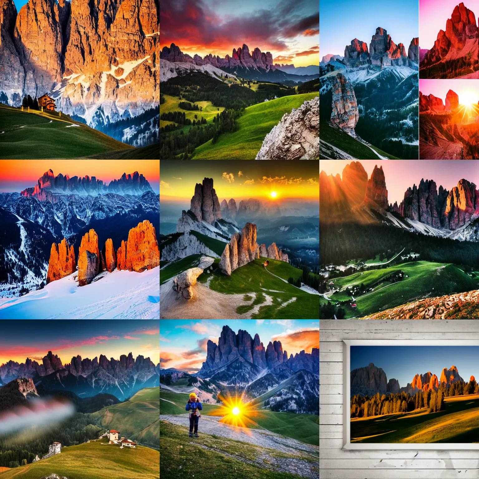 Prompt: photography on to op of dolomites at sunset in the style of super mario galaxy