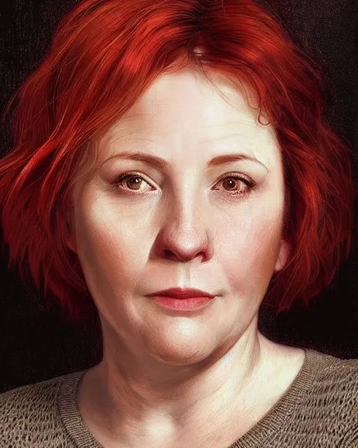 Image similar to portrait of happy short and plump 5 0 - year - old woman with red hair and, kind face, round face, short hair, molly weasley, wearing in cardigan, hyper realistic face, beautiful eyes, close up, fantasy art, in the style of greg rutkowski, intricate, alphonse mucha, hyper detailed, smooth