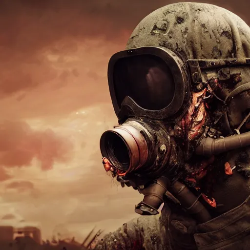 Prompt: military zombie with pig body type in broken gasmask, details face, photo, bloody eyes, unreal engine, digital, artstation, detailed body, heavenly atmosphere, digital art, overdetailed art, trending on artstation, cgstudio, the most beautiful image ever created, dramatic, award winning artwork, beautiful scenery
