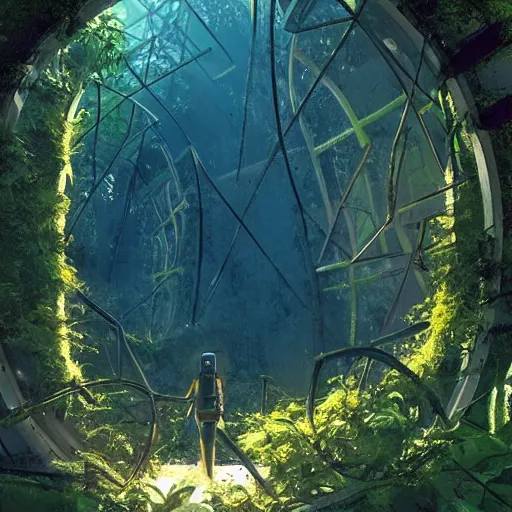 Image similar to stairs leading to a derelict portal in a middle of a lush futuristic forest, alien world seen through a portal, daylight, cinematic lighting, blue sky, syd mead, john harris