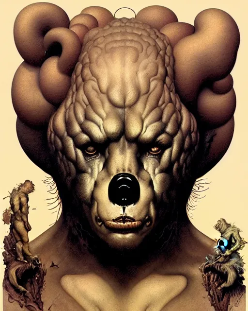 Prompt: portrait of bear in the style of wayne barlowe, gustav moreau, peter mohrbacher, bussiere, roberto ferri, santiago caruso, luis ricardo falero, austin osman spare, boris vallejo, hajime sorayama, frazetta