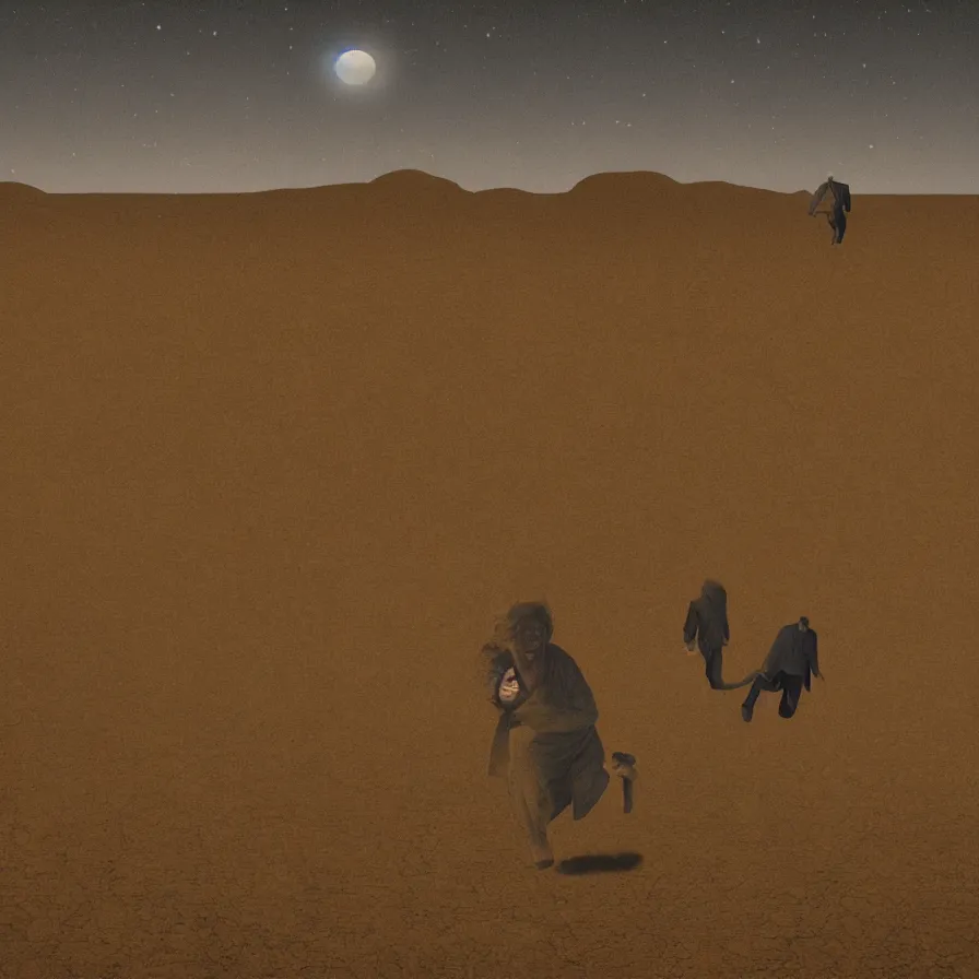 Image similar to a surreal landscape of a frightened man chased by ghosts in a vast desert lit by two scary moons