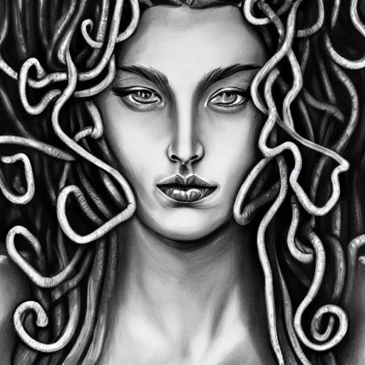 Image similar to medusa portrait painting, black and white, arstation, detailed, blurred background