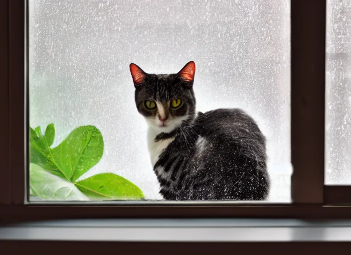 Image similar to photography of a Cat . watching outside the window while it rains. on a bed. in a room full of vinyls and posters, photorealistic, raining award winning photo, 100mm, sharp, high res