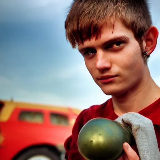 Prompt: close up headshot of a swiss teen as a skinny high-fantasy elf with a long face narrow chin and spiky blonde hair wearing dark brown overalls and holding a bomb next to a destroyed car, high resolution film still, HDR color