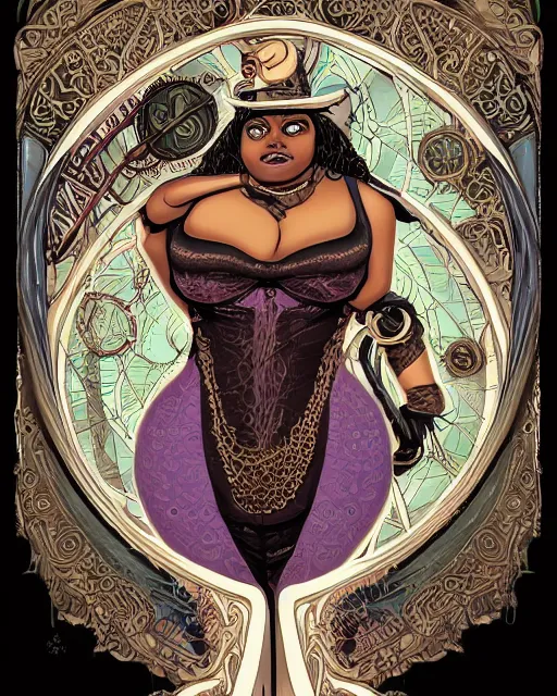 Prompt: a detailed portrait illustration of a steampunk sorceress - laywer. beautiful obese black female face, very dark skin. art nouveau, pop art, comic book style. influenced by neil gaiman, h. p. lovecraft, dan mumford, brian froud, kehinde wiley, killian eng, ross tran.