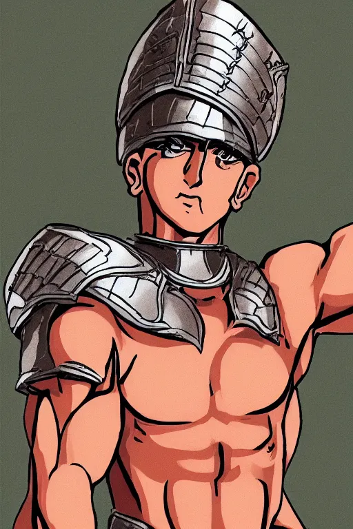 Prompt: shy tall muscular roman guard, male, bushy eyebrows, round eyes, buzz cut hair, roman armor, screen cap, 4K, stylized, drawn by Hiromu Arakawa