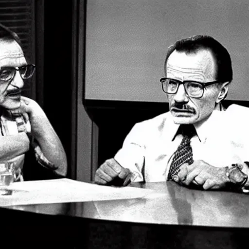 Prompt: Walter White being interviewed by Larry King. 1983.