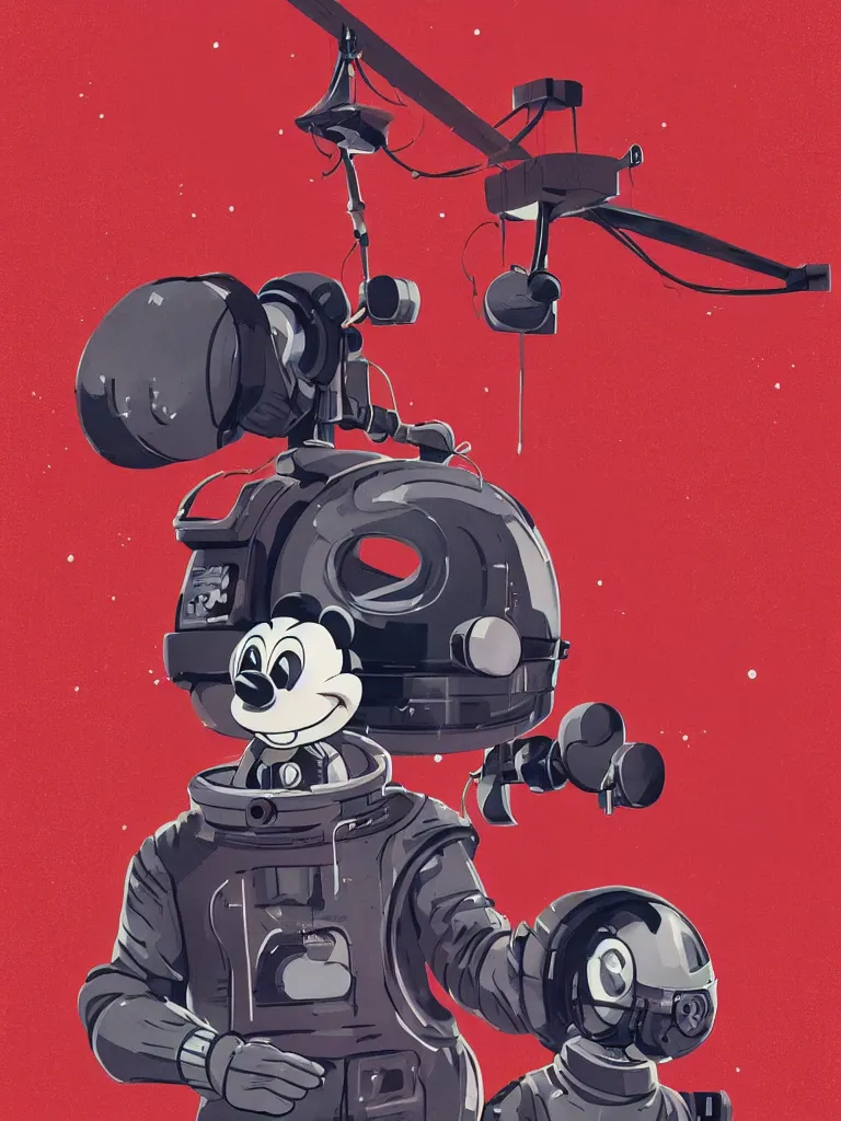 Prompt: graphic art of dystopian futuristic 1 0 mechanic surgeons in space suits, operate on a huge mickeymouse!!! head held by a crane. ominous glowing red netflix!!! sign in the background, trending on art station, beeple