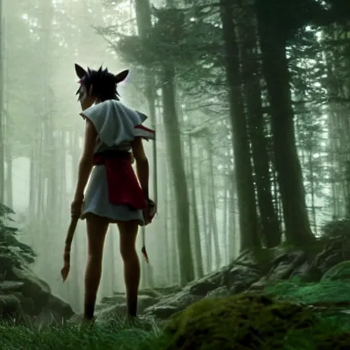 Prompt: a still frame from the princess mononoke live action film, cinematic, filmic