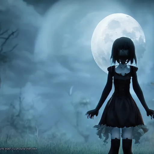 Prompt: full shot of angry darkness cute anime girl at moonlight, gothic wearing, inspired by Tim Burton, Norihiro Yagi, Marc Simonetti, Amano, Juri Misaki, detailed, unreal engine 4k volumetric light, fog,