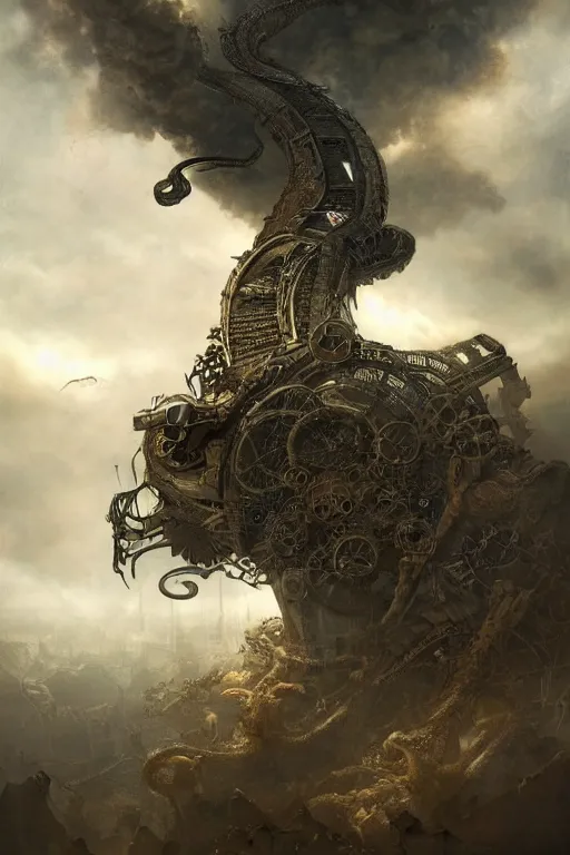 Image similar to Abstract tech action scene of a flying steampunk snake, ruins, horror, volumetric clouds, focus, detailed, realistic eyes looking at camera, symmetric body features proportions, intricate details, award winning, unreal render, by Tom Bagshaw