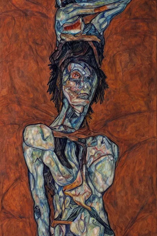 Image similar to a full body character with multiple lifted arms in style of egon schiele and herakut, masterpiece, hyperdetailed, complex, intricate, veiled, 4 k, dynamic!!