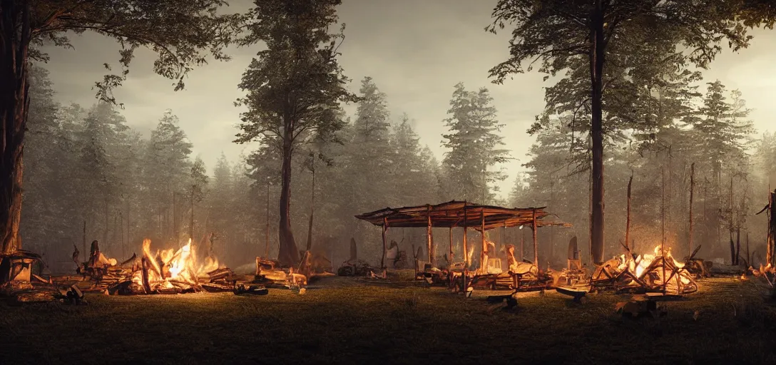 Image similar to longhouse, campfire, teepee, very detailed, octane render, realistic, 8 k, unreal engine 5, dramatic, volumetric, dead trees, dusk, greg rutkowski