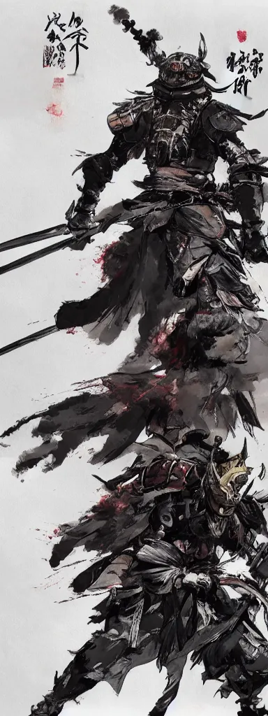 Image similar to Concept art of a dog in samurai armor, surrounded by black smoke, smoky, full body wuxia, Wudang Swordmanship by Chen Uen, art by Yoji Shinkawa, 4k